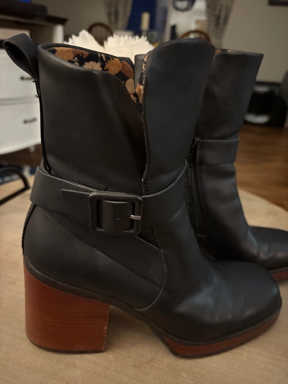 Kork-Ease Marci II Black Leather Ankle Boots with Brown Wood Heel